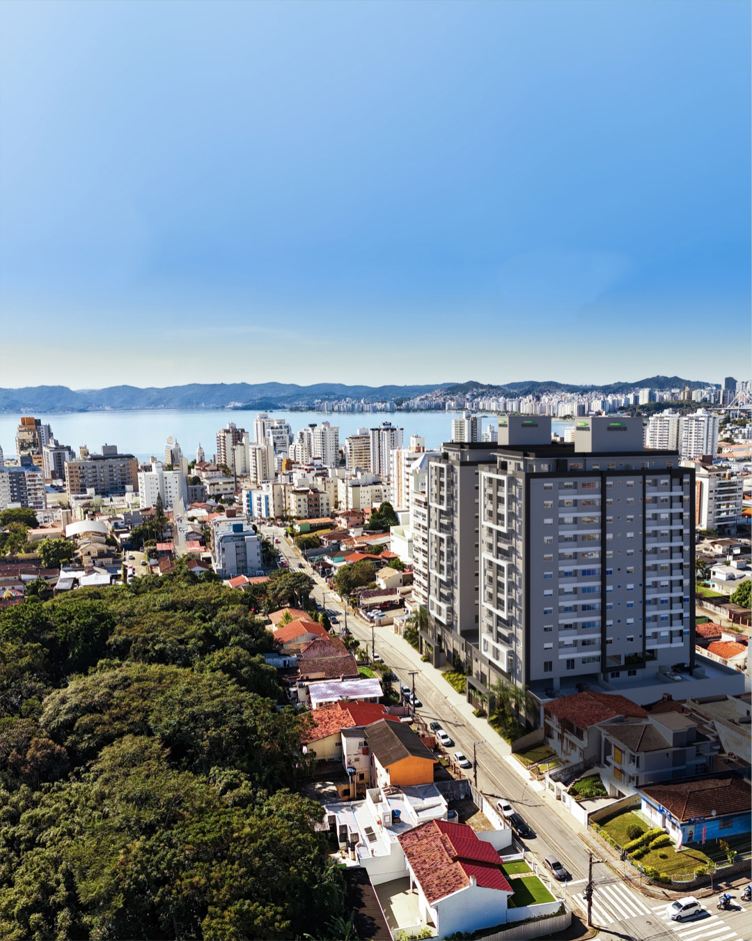 Fachada noturna do Residencial Orquídea e Rosa Branca